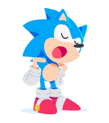 an illustration of sonic the hedgehog in his "classic" appearance. his hands are on his hips, his eyes are closed, and he looks to be explaining something.